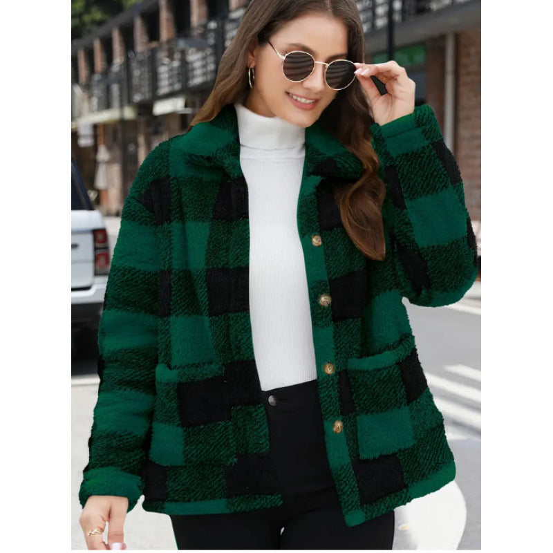 Damen kuschelige Plüschjacke mit Karomuster Fudus