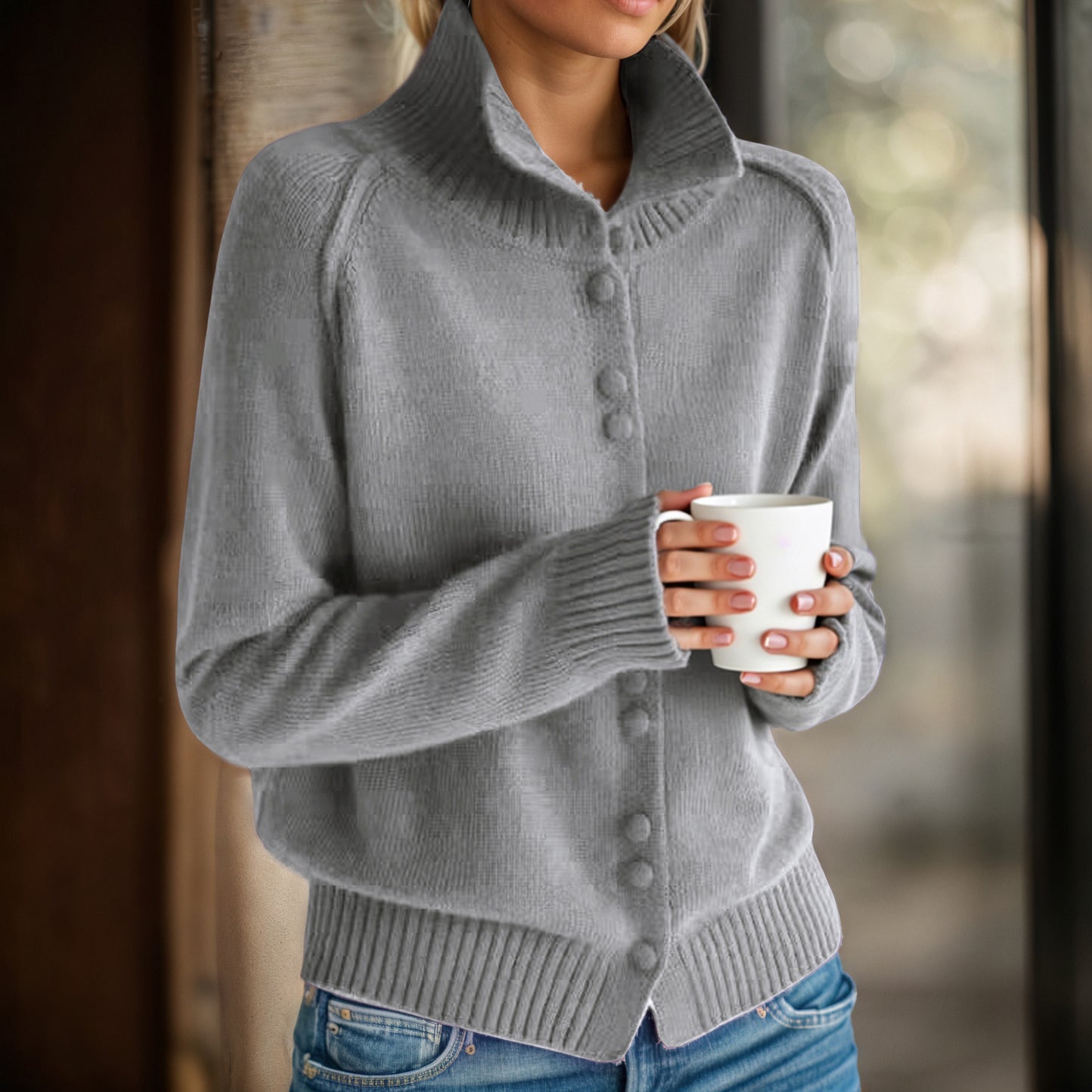 Damen Strickjacke mit hohem Kragen und eleganten Knopfdetails Fudus