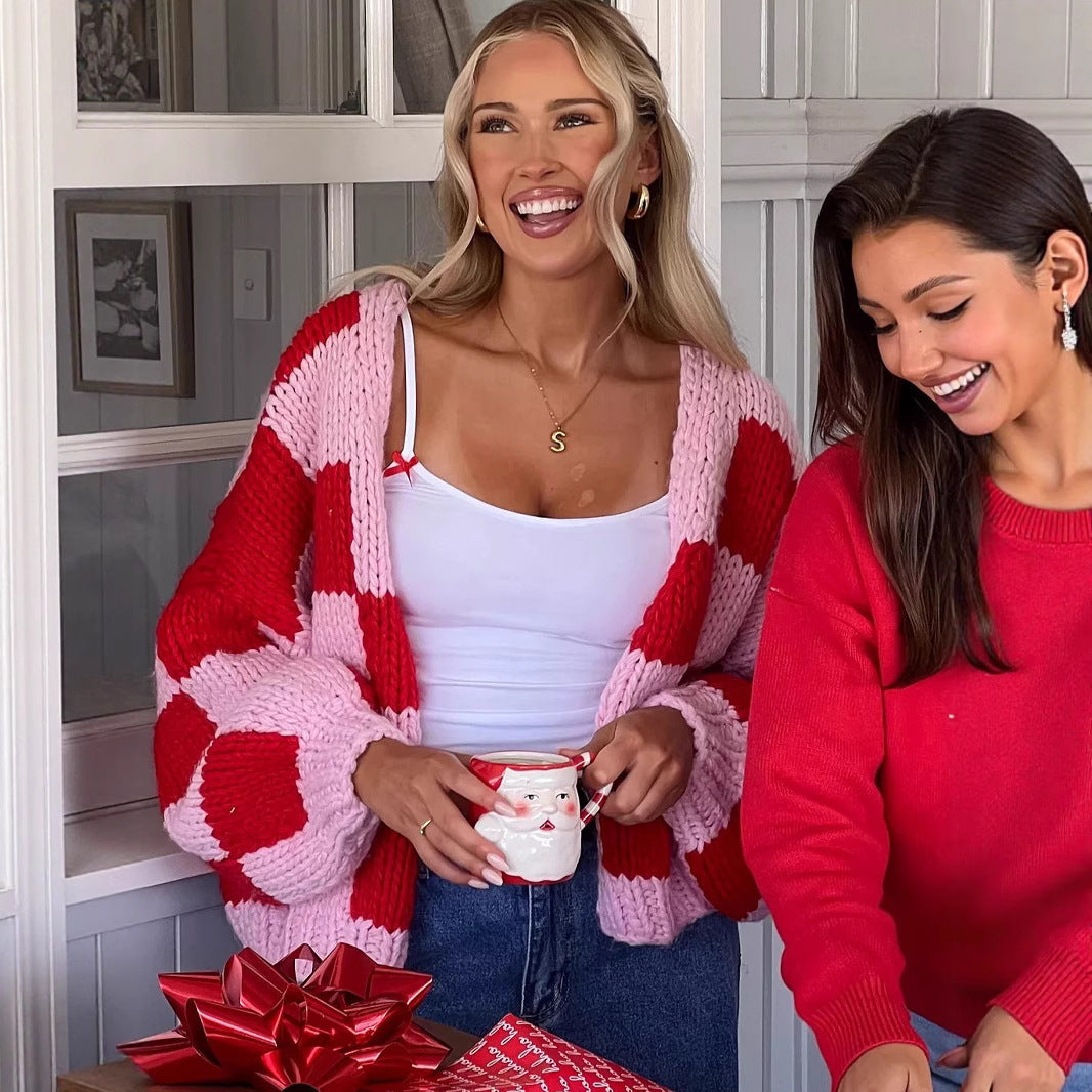 Damen Grobstrickjacke im modernen Karomuster Fudus