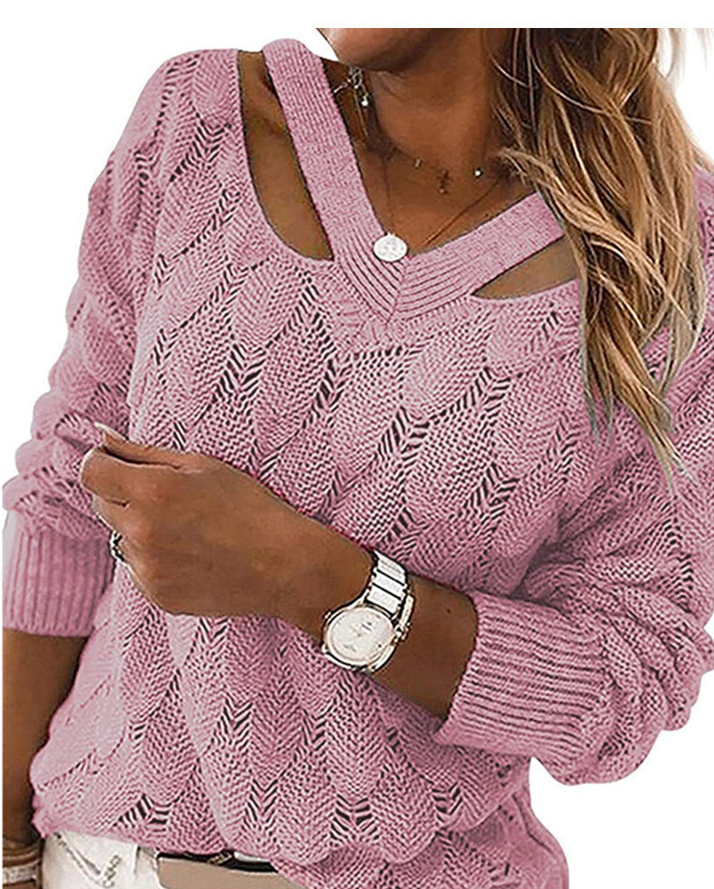 Damen Grobstrickpullover mit tiefem V-Ausschnitt und Cut-Out-Details Fudus