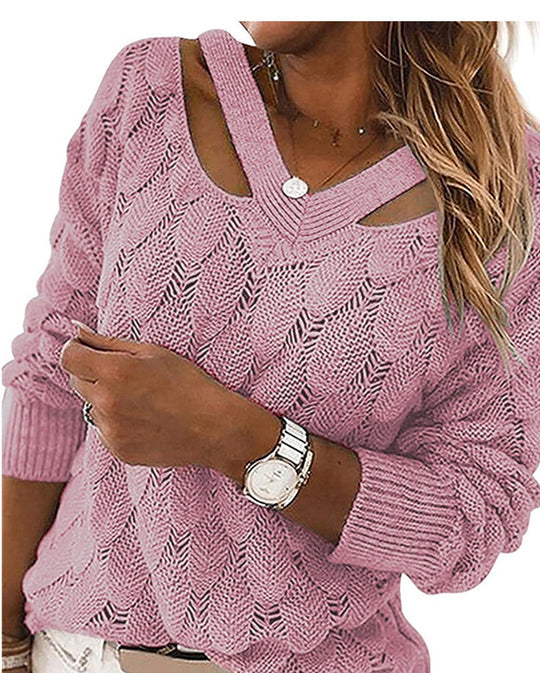 Damen Grobstrickpullover mit tiefem V-Ausschnitt und Cut-Out-Details Fudus