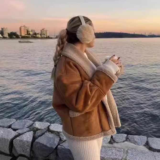 Damen kuschelige Oversized-Jacke mit Schaffellkragen und großen Taschen Fudus