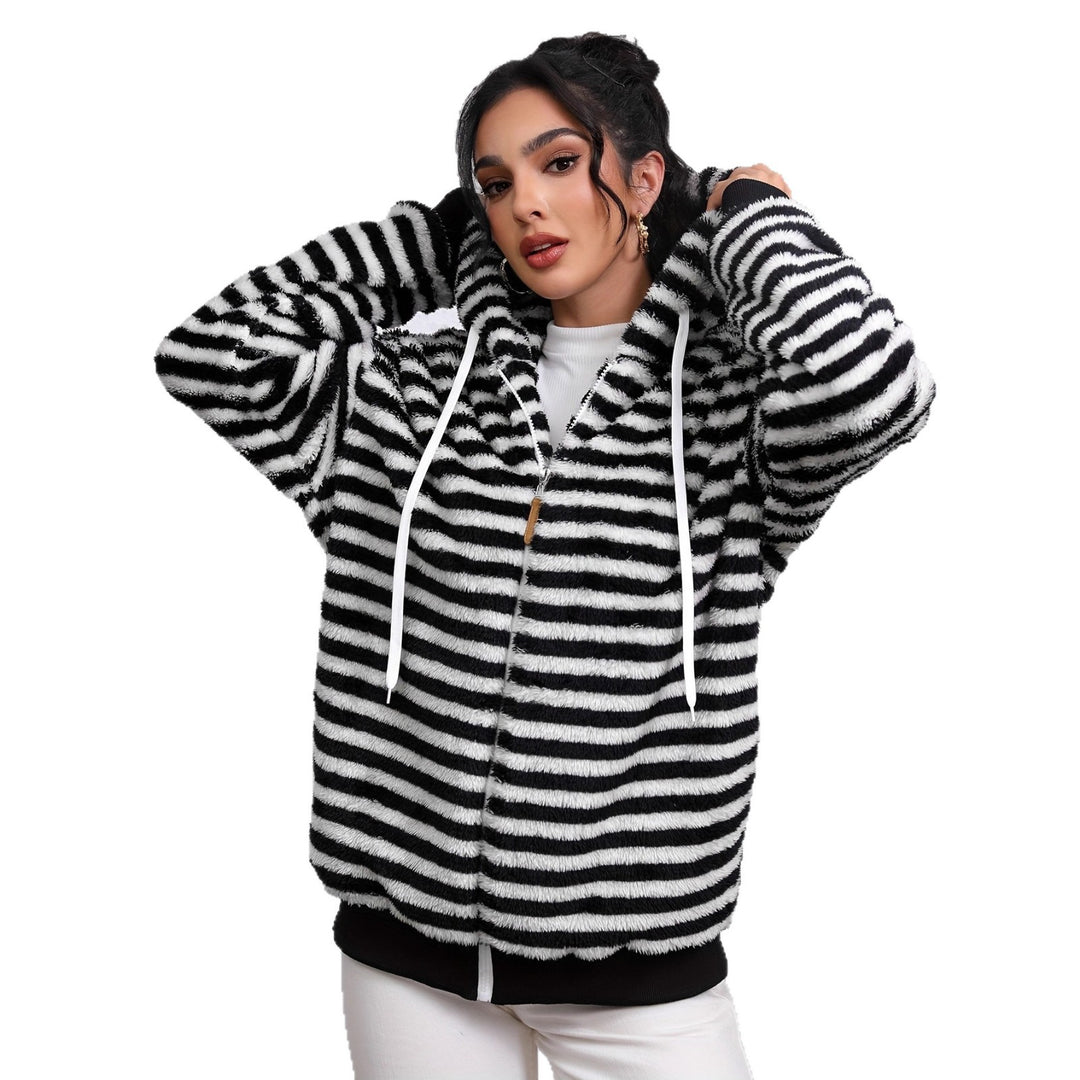 Damen kuschelige Fleecejacke mit gestreiftem Muster und praktischen Taschen Fudus