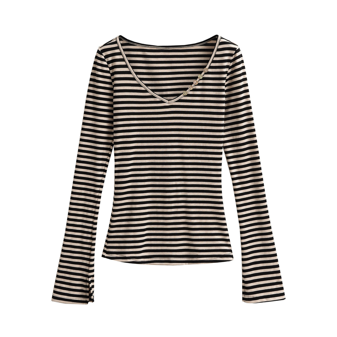 Damen Langarmshirt mit modischem V-Ausschnitt und eleganten Knopfdetails Fudus