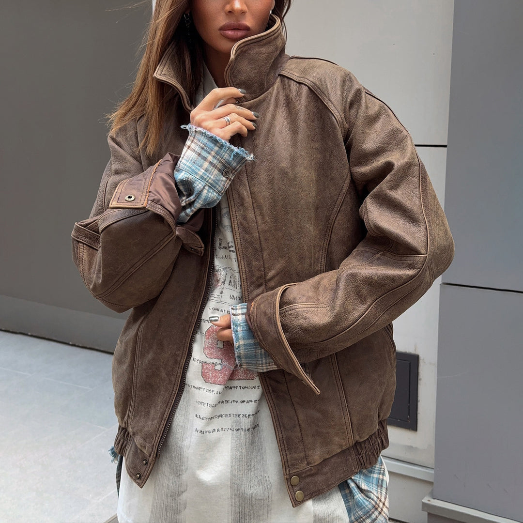 Damen lässige Lederjacke mit oversized Schnitt und praktischen Taschen Fudus