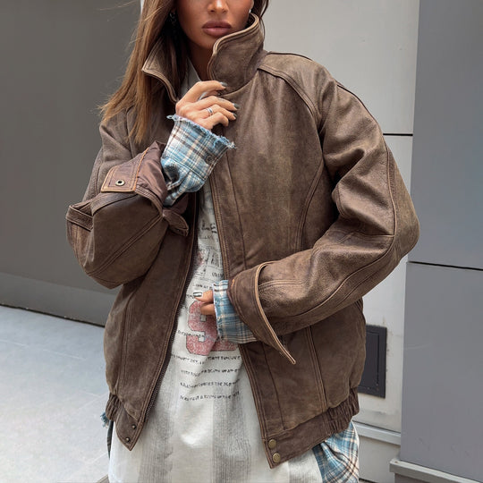 Damen lässige Lederjacke mit oversized Schnitt und praktischen Taschen Fudus
