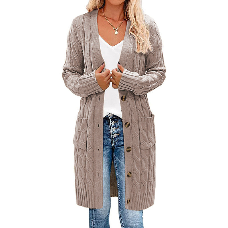 Damen Langer Strickcardigan mit Kabelmuster und Taschen Fudus