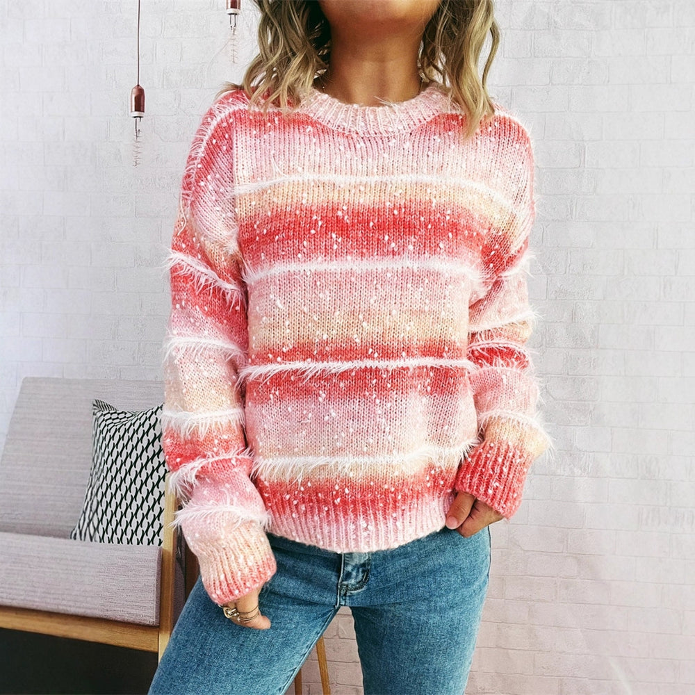Damen kuscheliger Strickpullover mit fransigen Akzenten und attraktivem Farbverlauf Fudus
