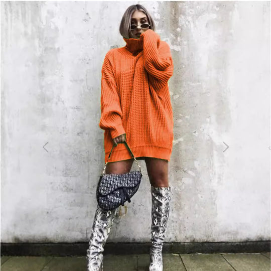 Damen Grobstrickpullover mit hohem Kragen und lockerem Schnitt Fudus