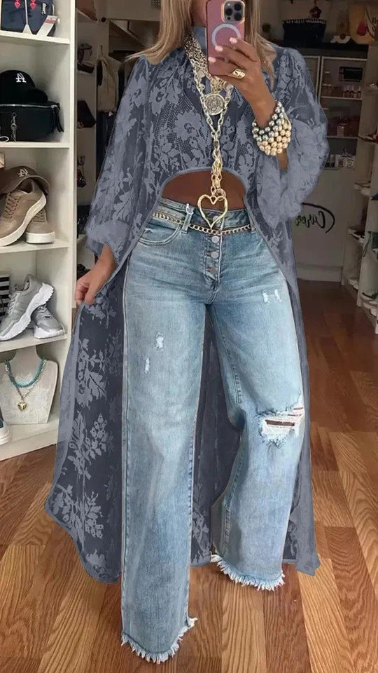 Damen Langer Kaftan mit Spitze und weit geschnittenen Ärmeln Fudus