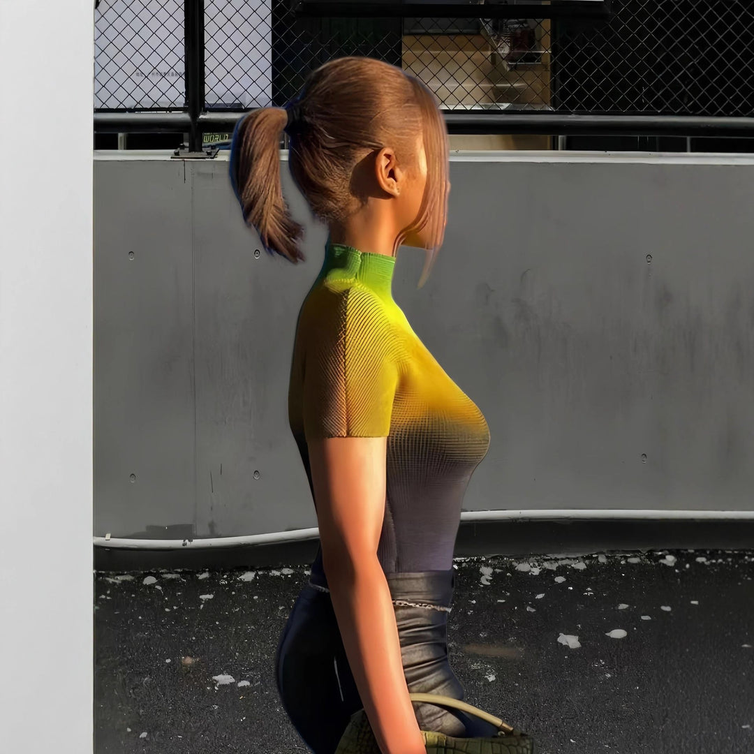 Damen Kurzarm-T-Shirt mit modernem Farbverlauf und hohem Kragen Fudus