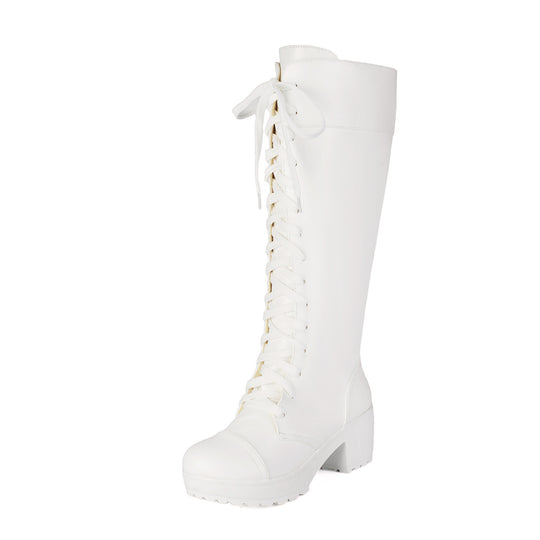 Damen hohe Schnürstiefel mit robustem Blockabsatz Fudus