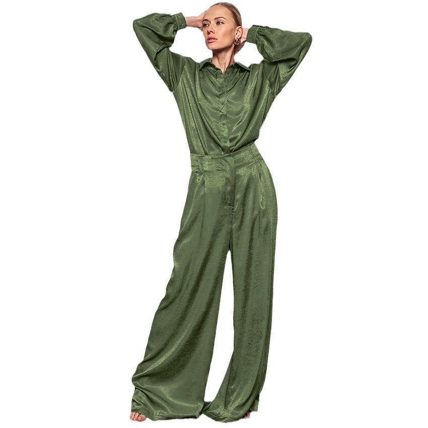Damen Satin Blusen Und Hosen Set Mit Weitem Schnitt Und Modernen Details