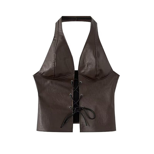 Damen Halter Neck Faux Leather Crop Top