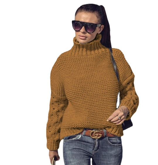 Damen Grobstrickpullover mit hohem Kragen und modischen Zopfdetails Fudus