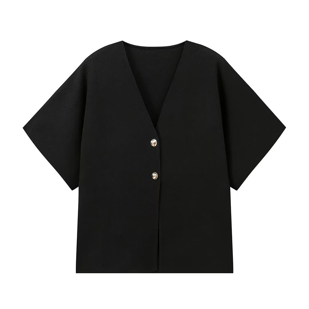 Damen Kurzarmjacke mit V-Ausschnitt und dekorativen Knöpfen Fudus