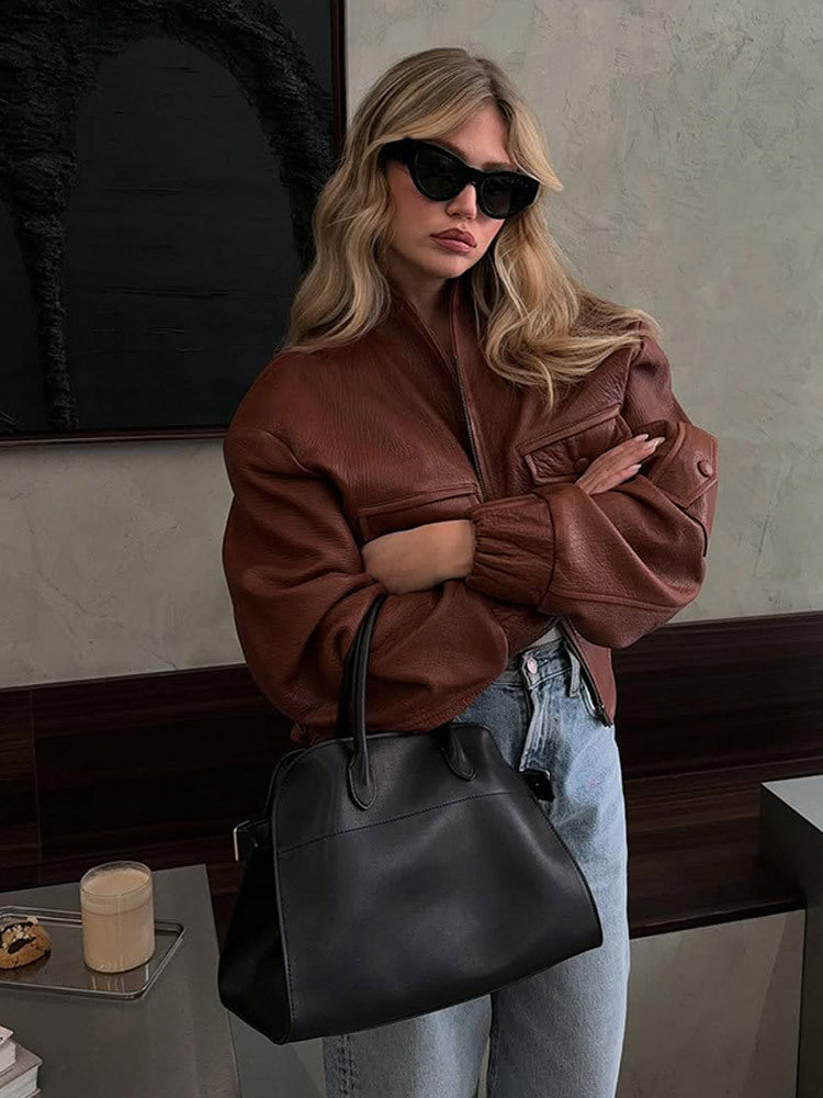 Damen lässige Lederjacke mit voluminösen Ärmeln Fudus