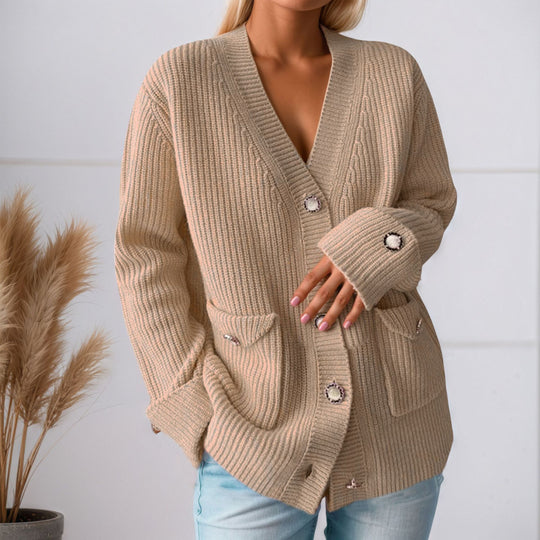 Damen Grobstrickcardigan mit praktischen Taschen und eleganten Knopfdetails Fudus