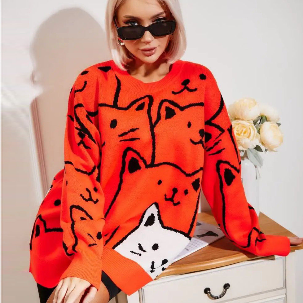 Damen Grobstrickpullover mit verspieltem Katzenmuster Fudus