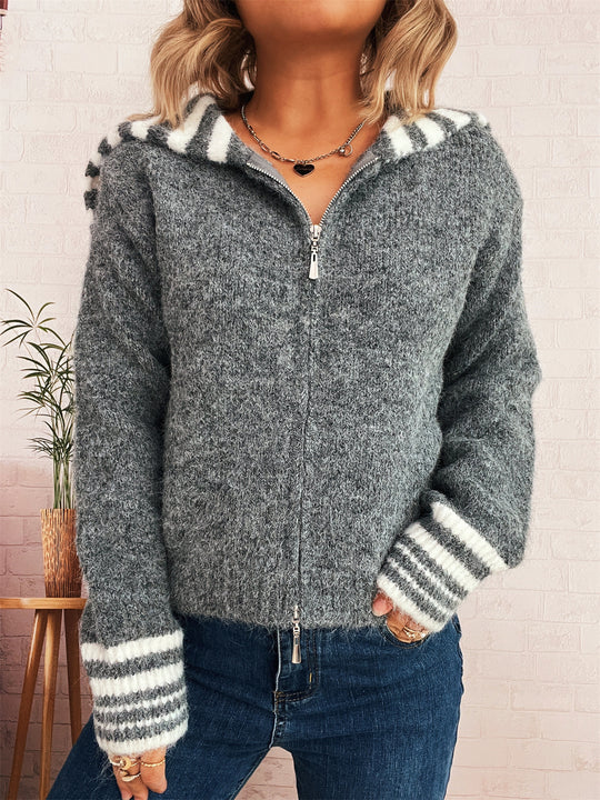 Damen kuschelige Strickjacke mit stilvollem Reißverschluss und modischen Streifen Fudus