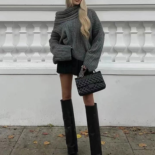 Damen grobstrickiger Pullover mit offener Schulter und lässigem Schnitt Fudus