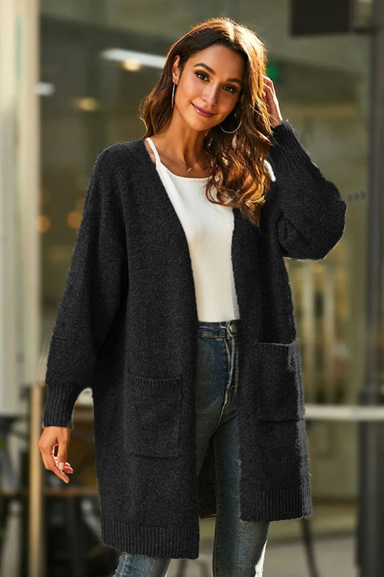 Damen langärmeliger Cardigan mit offenen Fronten und tiefen Taschen Fudus