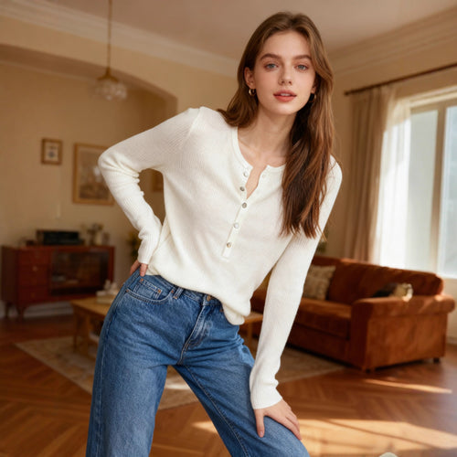 Damen Langarmshirt mit Knopfleiste und Rippstruktur Fudus