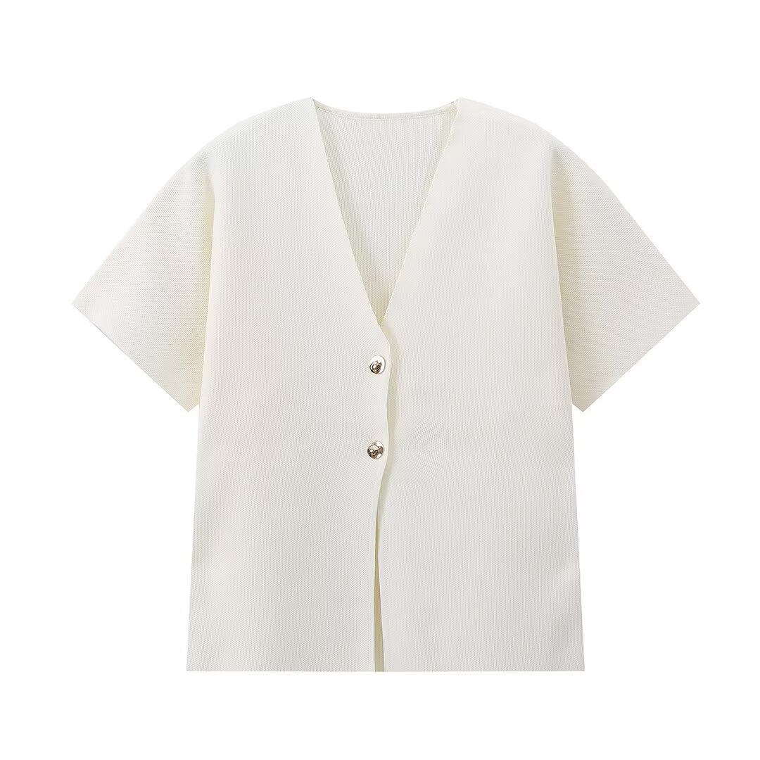 Damen Kurzarmjacke mit V-Ausschnitt und dekorativen Knöpfen Fudus