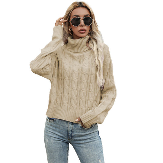 Damen Grobstrickpullover mit hohem Kragen und strukturiertem Zopfmuster Fudus