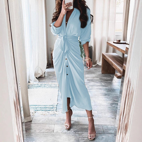 Damen Kleid mit Wickeloptik und Knopfdetails Fudus