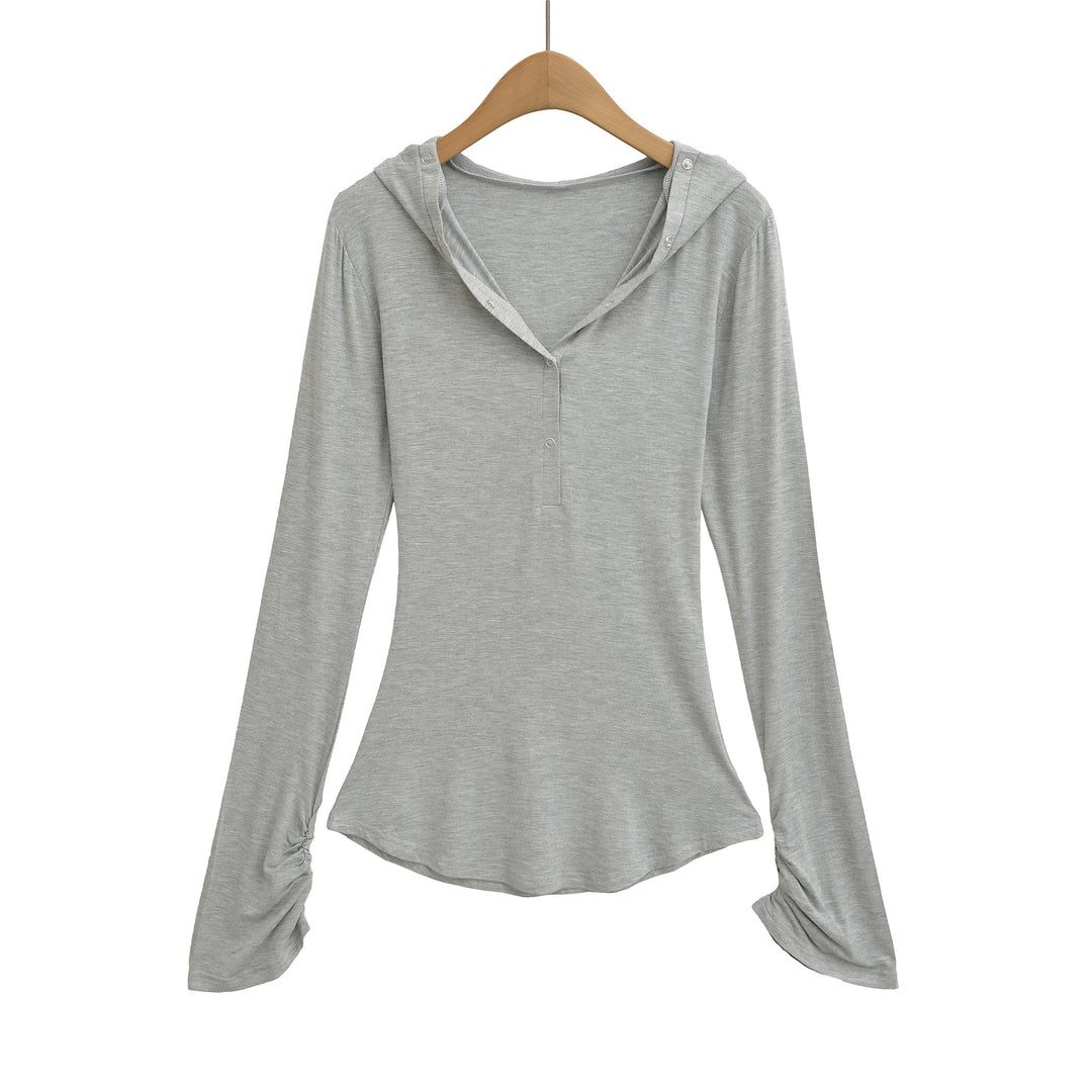 Damen langärmliges Kapuzenshirt mit modischen Knopfdetails Fudus