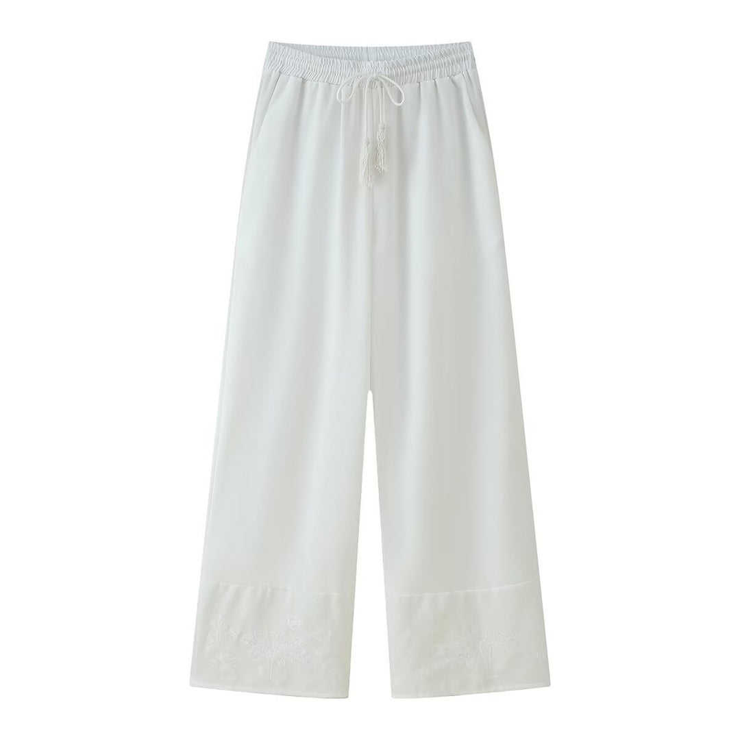 Damen komfortable Palazzo-Hose mit elastischem Bund und dezenter Stickerei Fudus