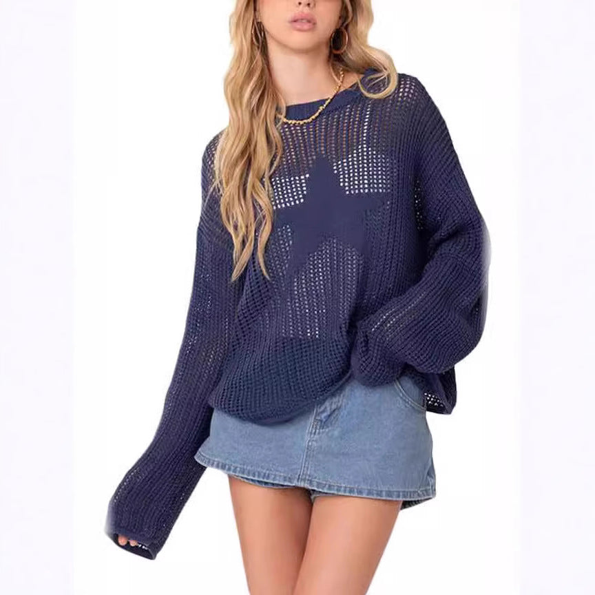 Damen Grobstrickpullover mit Sternenmuster und weiten Ärmeln Fudus