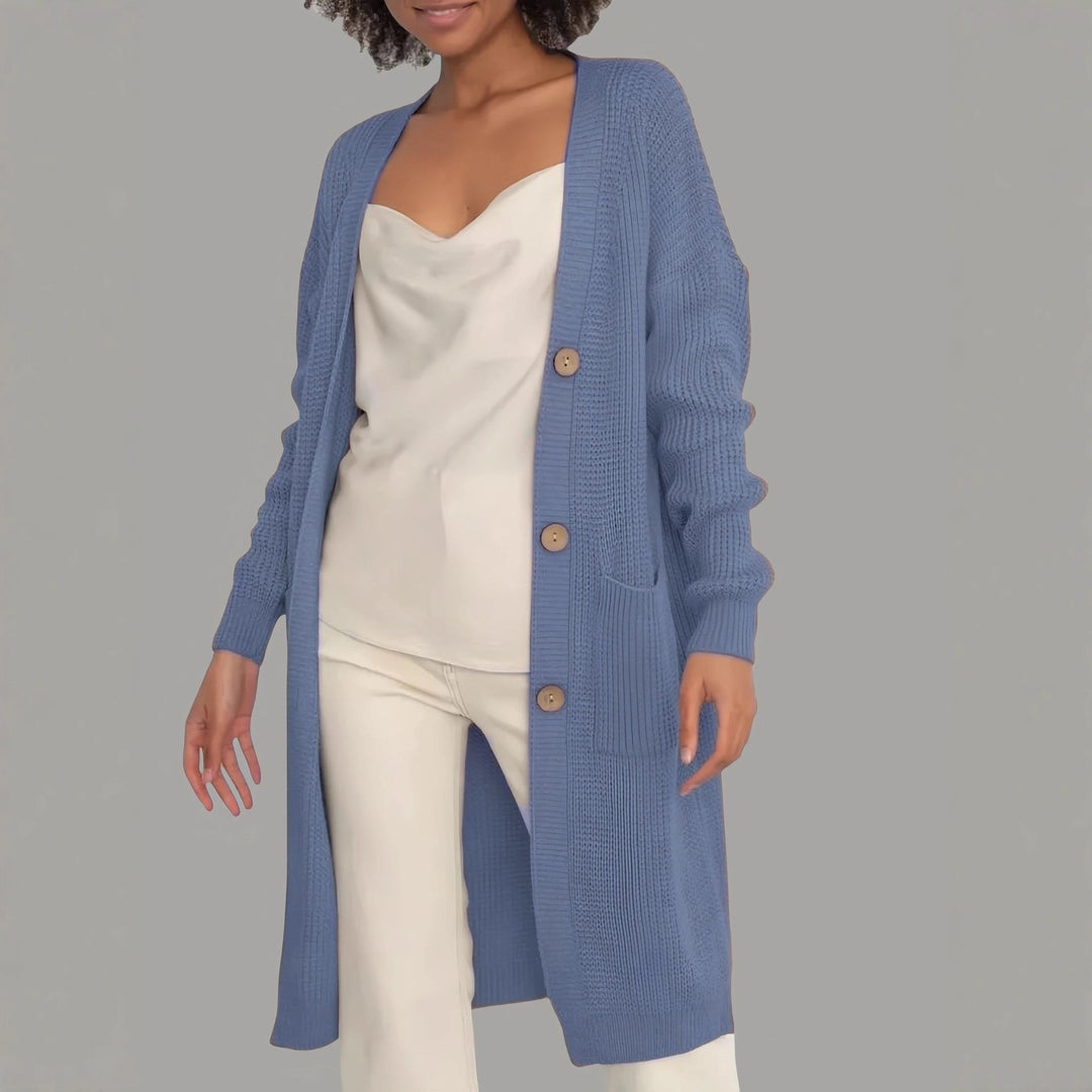 Damen langer Strickcardigan mit Knopfdetails und praktischen Taschen Fudus