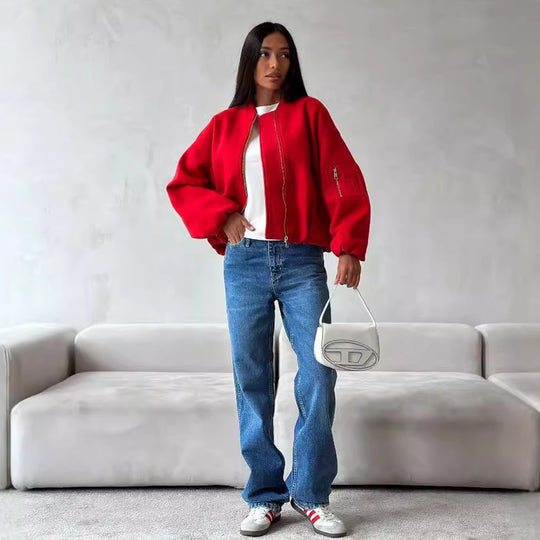 Damen lässige Bomberjacke mit gestepptem Design und praktischen Taschen Fudus