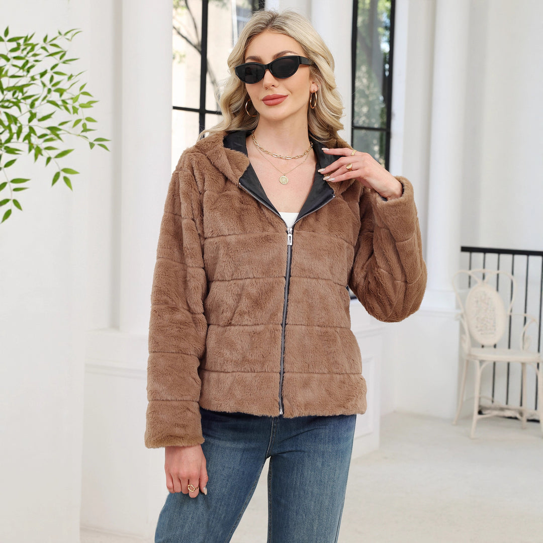 Damen Kuschelige Oversized-Fleecejacke mit Reißverschluss und Kapuze Fudus