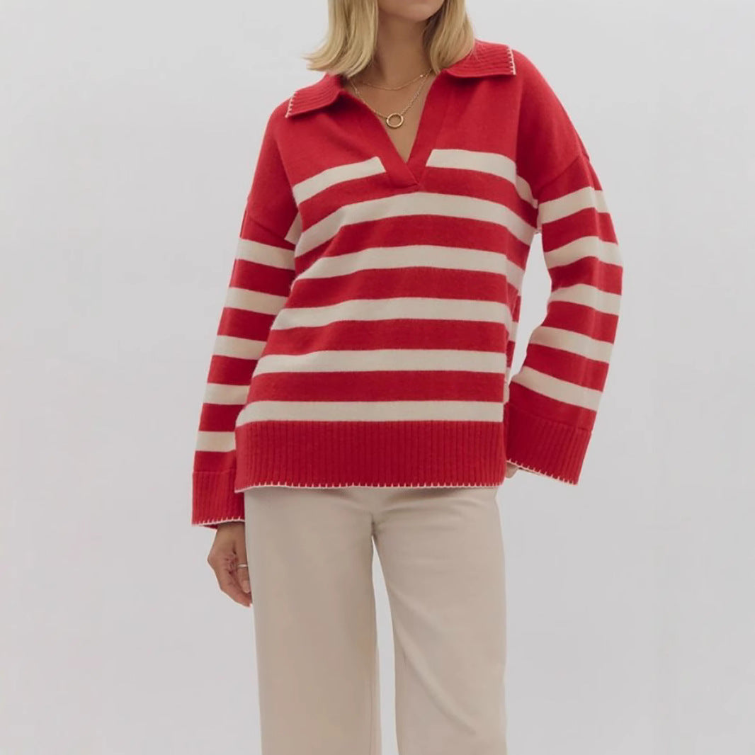 Damen kuschelige Strickpullover mit modernem Streifenmuster und V-Ausschnitt Fudus