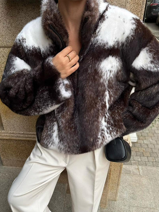 Damen Kunstfelljacke mit raffinierter Fellstruktur und hohem Kragen Fudus