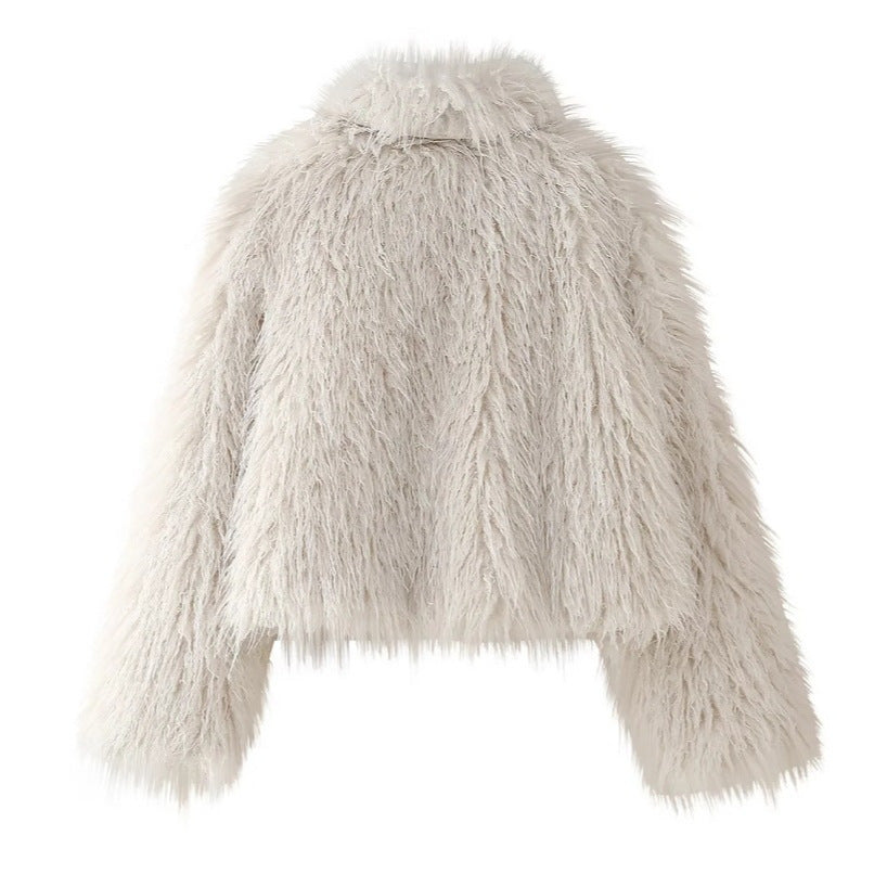 Damen Kunstfelljacke mit elegantem Stehkragen und lockerer Passform Fudus