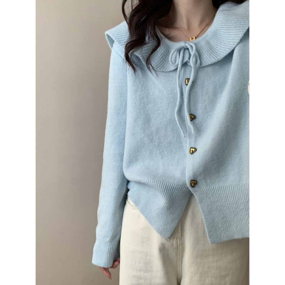 Damen kuscheliger Strickpullover mit übergroßem Kragen und Herzknöpfen Fudus