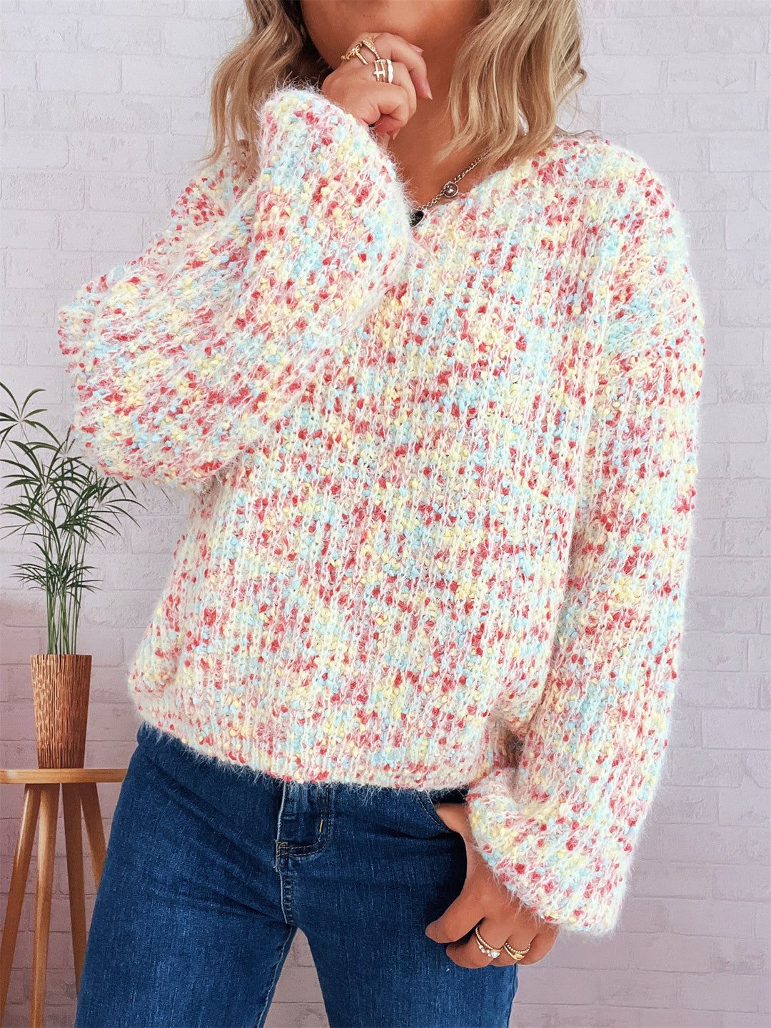 Damen komfortabler Strickpullover mit buntem Strukturmuster und weit geschnittenen Ärmeln Fudus