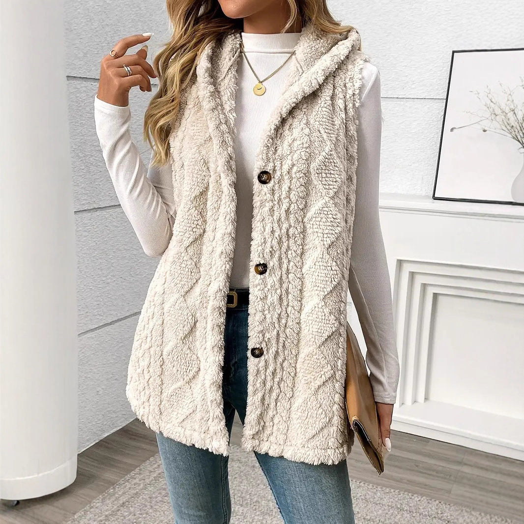 Damen kuschelige Strickweste mit Kapuze und Knopfverschluss Fudus