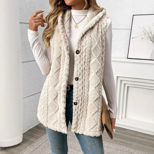 Damen kuschelige Strickweste mit Kapuze und Knopfverschluss Fudus