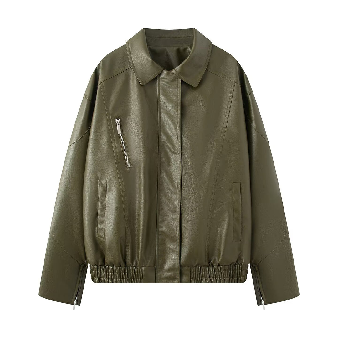 Damen Kunstlederjacke mit angesagtem Stehkragen und praktischen Reißverschlusstaschen Fudus