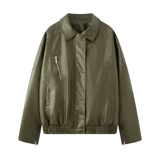 Damen Kunstlederjacke mit angesagtem Stehkragen und praktischen Reißverschlusstaschen Fudus