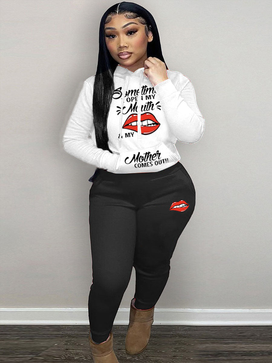 Damen Hoodie und Jogginghose Set mit kreativem Lippenmotiv Fudus