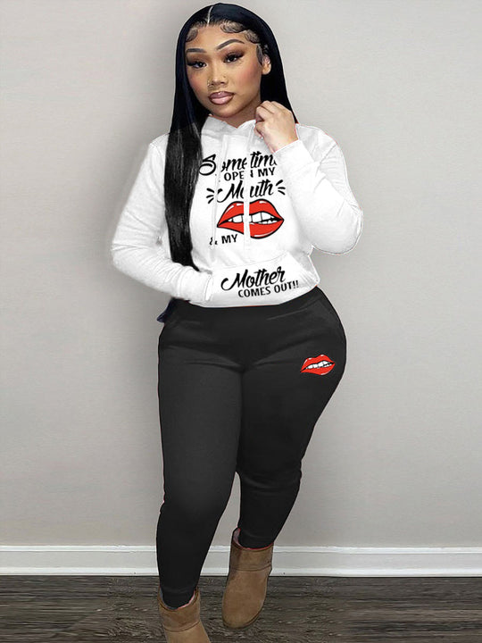 Damen Hoodie und Jogginghose Set mit kreativem Lippenmotiv Fudus