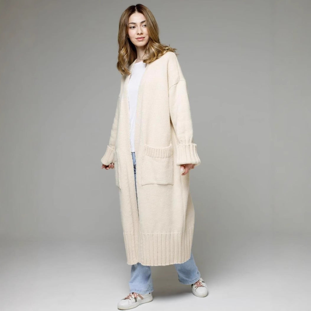 Damen Langstrickmantel mit tiefen Taschen und weitem Schnitt Fudus