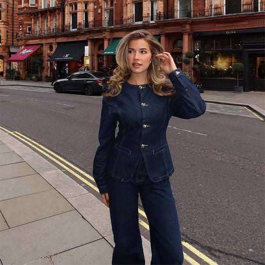 Damen Jeansjacke im taillierten Schnitt mit dekorativen Knöpfen Fudus