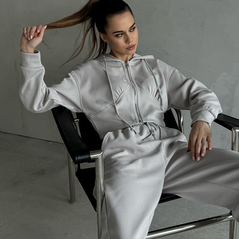 Damen kombinierter Sweat-Hoodie und Weite Hose Set Fudus